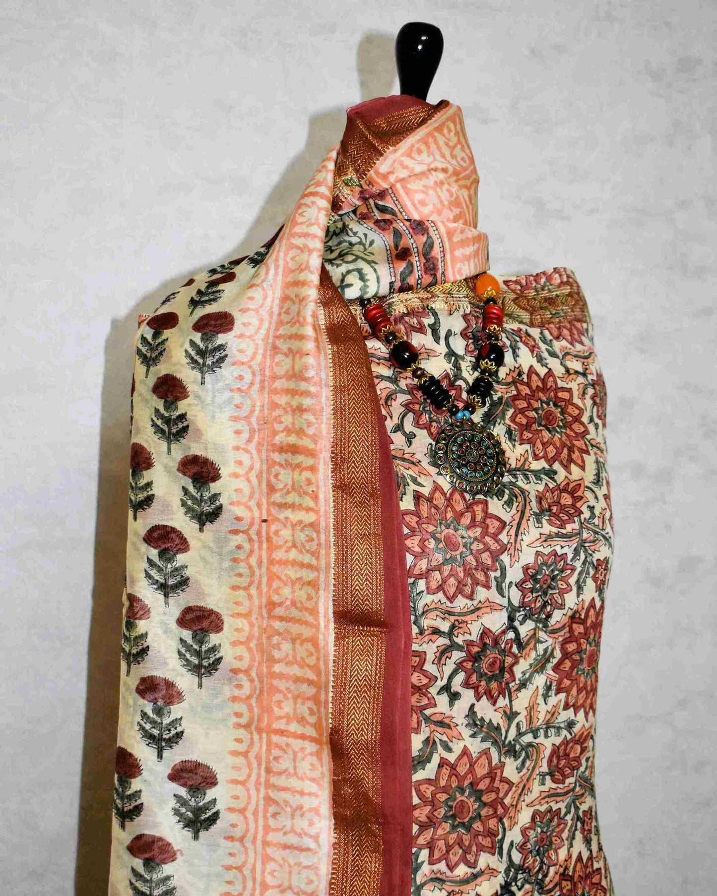 Red Sanganeri Floral Jaal print Maheshwari Silk Suit Set