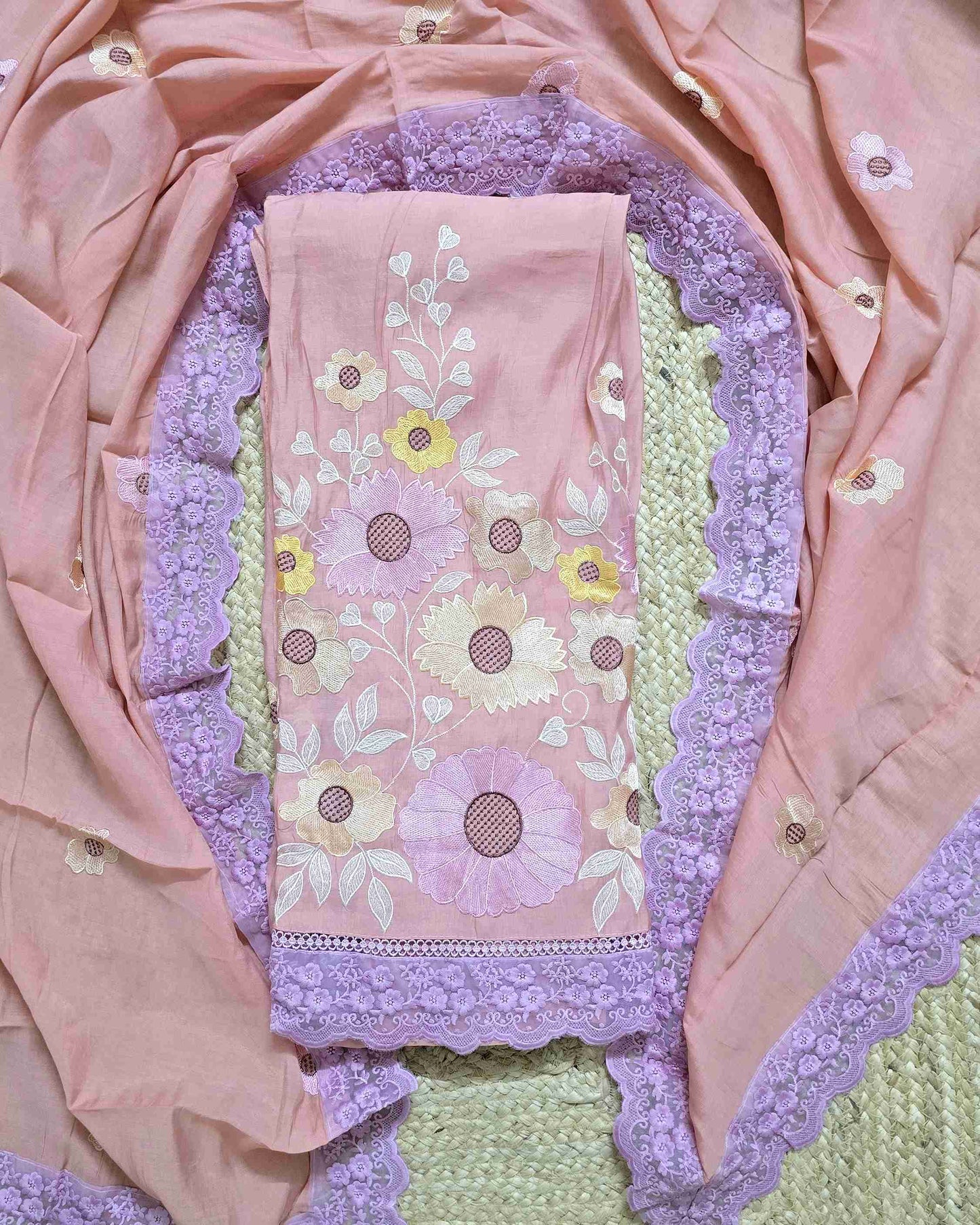 Premium Mal Chanderi Embroidered Suit Set with Intricate Neck Lace with Lace-Trimmed Dupatta (Pink)