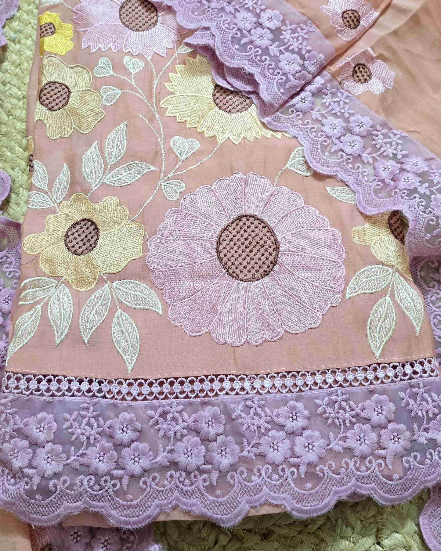 Premium Mal Chanderi Embroidered Suit Set with Intricate Neck Lace with Lace-Trimmed Dupatta (Pink)