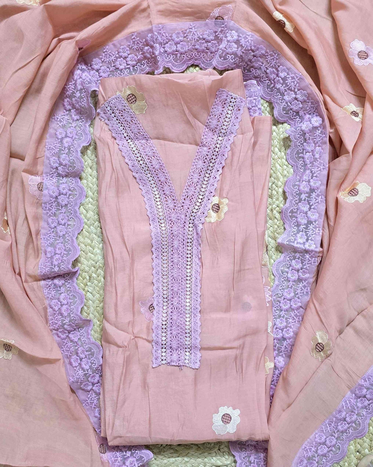 Premium Mal Chanderi Embroidered Suit Set with Intricate Neck Lace with Lace-Trimmed Dupatta (Pink)