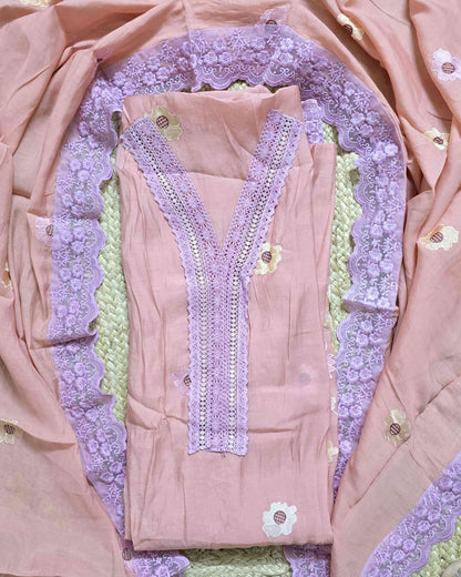 Premium Mal Chanderi Embroidered Suit Set with Intricate Neck Lace with Lace-Trimmed Dupatta (Pink)