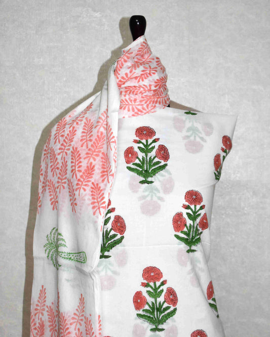 Jaipuri Printed Unstitched Cotton Suit Set with malmal dupatta