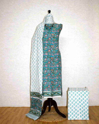 Sanganeri Hand Block Printed Unstitched Cotton Suit Set with malmal dupatta