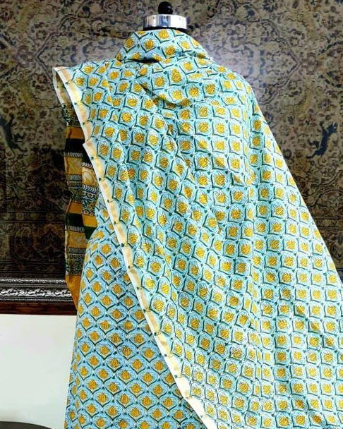 Hand Block Printed Premium Cotton Unstitched Suit with Floral Butis & Chanderi Silk Dupatta - Curated Edit