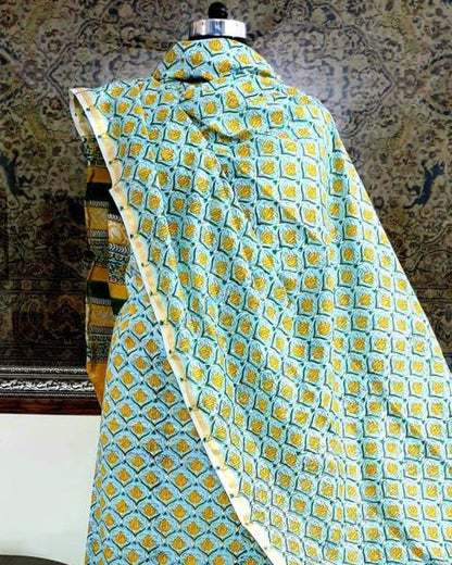 Hand Block Printed Premium Cotton Unstitched Suit with Floral Butis & Chanderi Silk Dupatta - Curated Edit