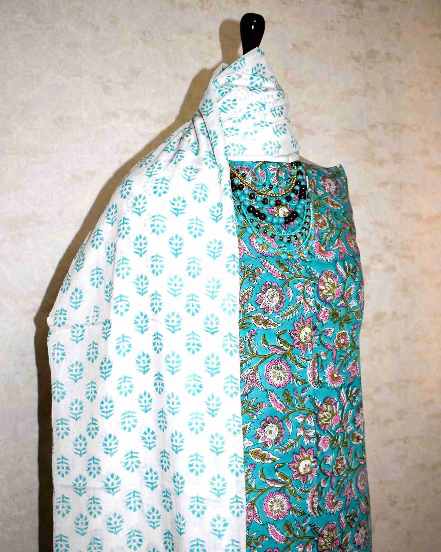 Sanganeri Hand Block Printed Unstitched Cotton Suit Set with malmal dupatta