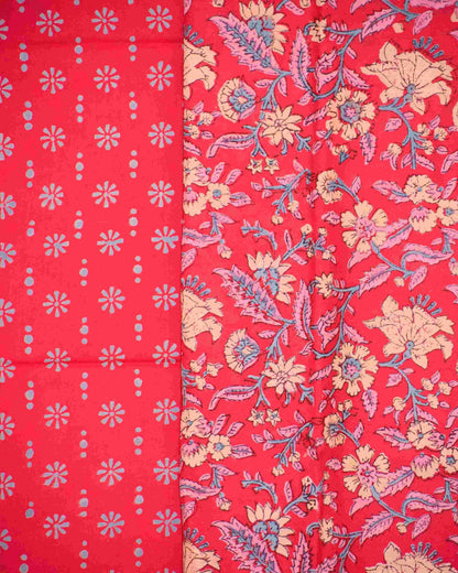 Red All-over Floral Hand Block Printed Cotton Suit With Kota Doria Dupatta