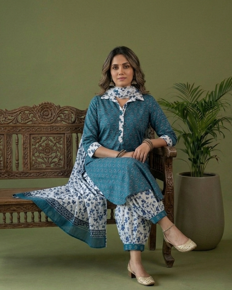 Blue All-over Floral Buti Hand Block Printed Cotton Suit with Malmal Dupatta