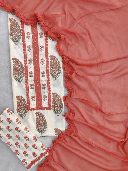 Rust Paisley Hand Block Printed Cotton Suit with Neckwork and Pure Chiffon Dupatta
