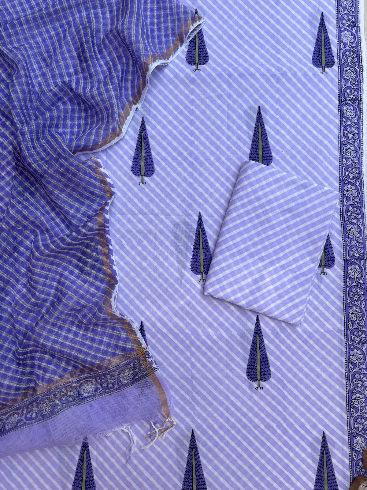Violet Floral Hand Block Printed Cotton Suit with Kota Doria Lehriya Dupatta