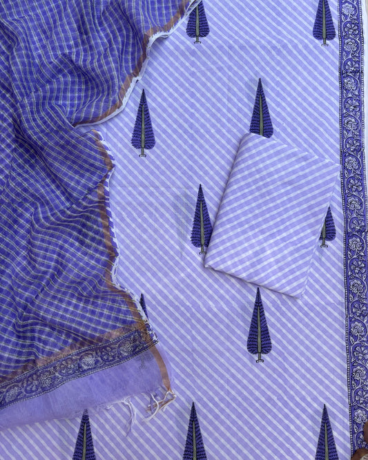 Violet Floral Hand Block Printed Cotton Suit with Kota Doria Lehriya Dupatta