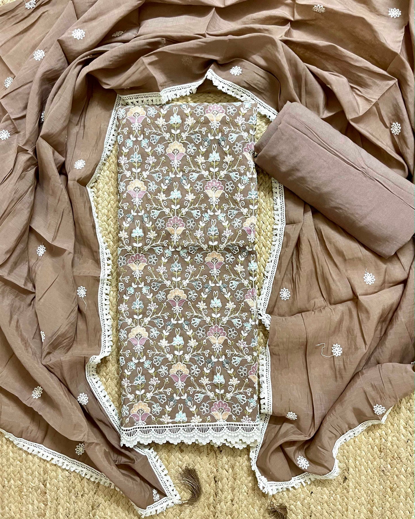 Floral Embroidered Mal Chanderi Unstitched Suit Set with Lace Detailing Coffee