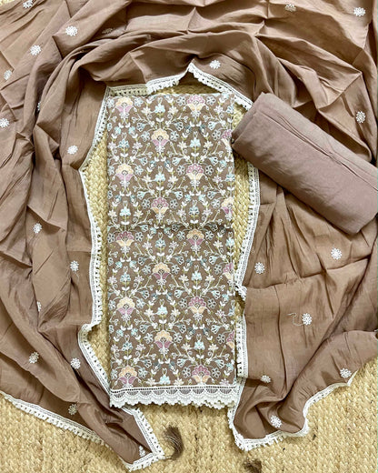 Floral Embroidered Mal Chanderi Unstitched Suit Set with Lace Detailing Coffee