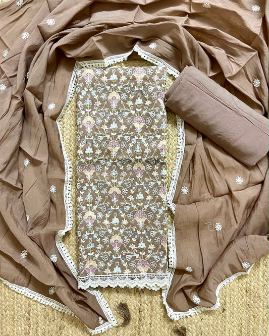Floral Embroidered Mal Chanderi Unstitched Suit Set with Lace Detailing Coffee