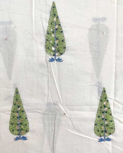 Hand Embroidered and Hand Block Printed Premium Cotton Unstitched Suit with Chanderi Silk Dupatta - Designer Edit