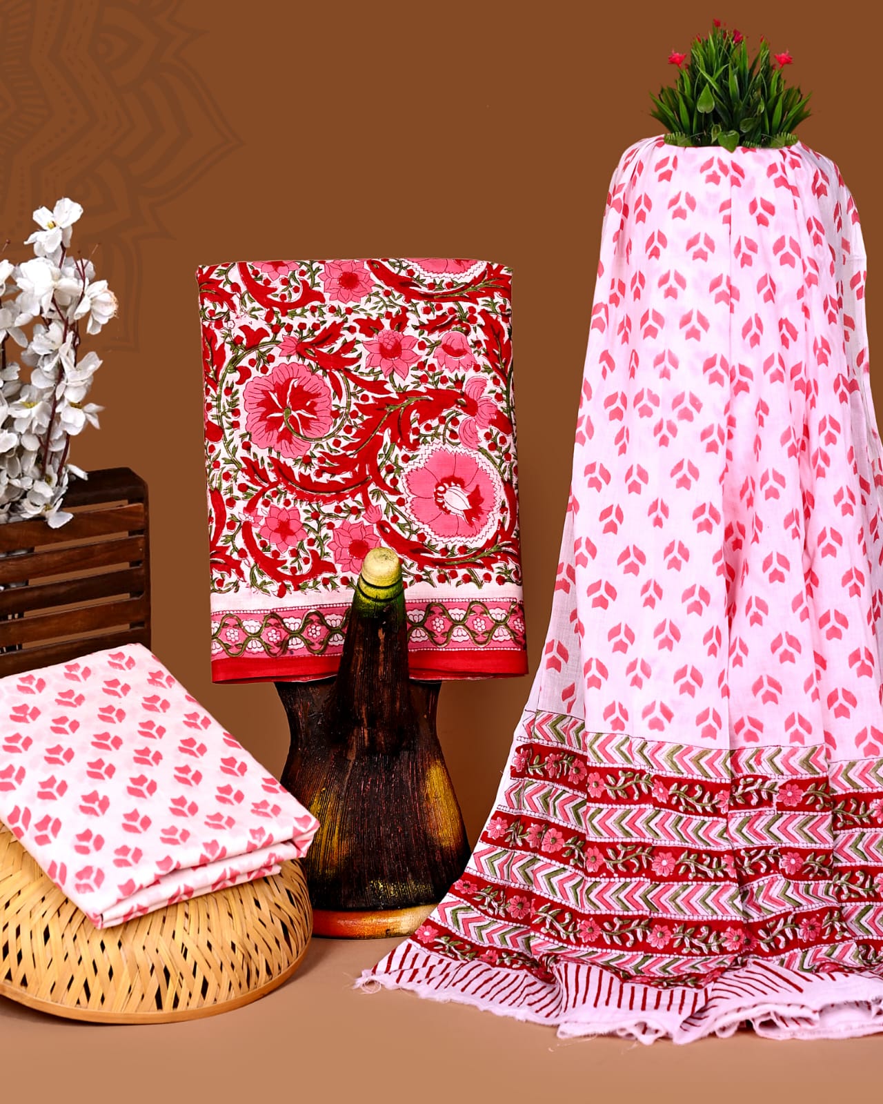 All-over Red Floral Jaal Hand Block Printed Cotton Suit with Malmal Dupatta