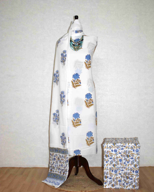 Sanganeri Hand Block Printed Unstitched Cotton Suit Set with malmal dupatta