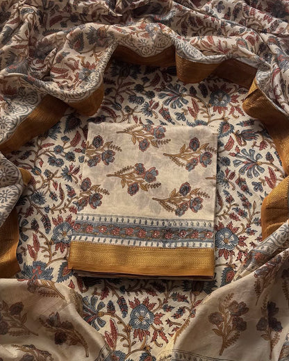 Golden Yellow Floral Buti Printed Maheshwari Silk Suit Set