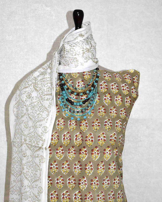 Sanganeri Hand Block Printed Unstitched Cotton Suit Set with malmal dupatta