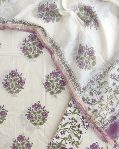 Hand Embroidered and Hand Block Printed Premium Cotton Unstitched Suit with Chanderi Silk Dupatta - Designer Edit