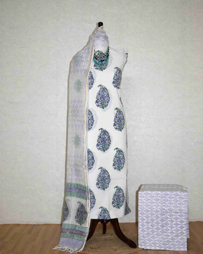 Floral Mughal Buta Hand Block Printed Cotton Suit With Kota Doria Dupatta