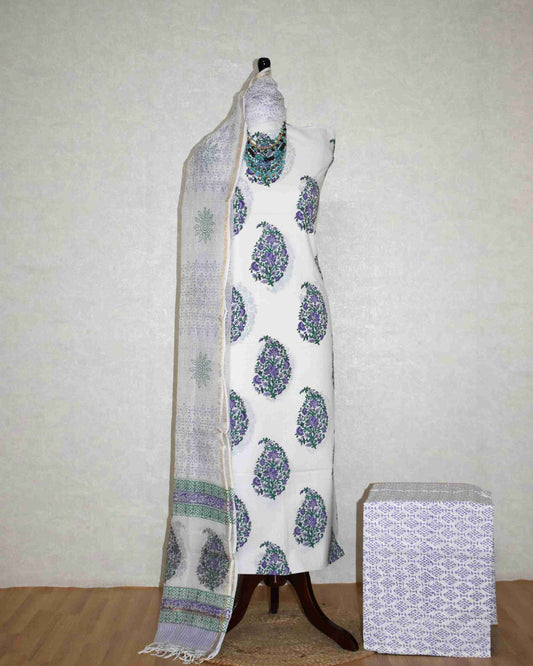 Floral Mughal Buta Hand Block Printed Cotton Suit With Kota Doria Dupatta