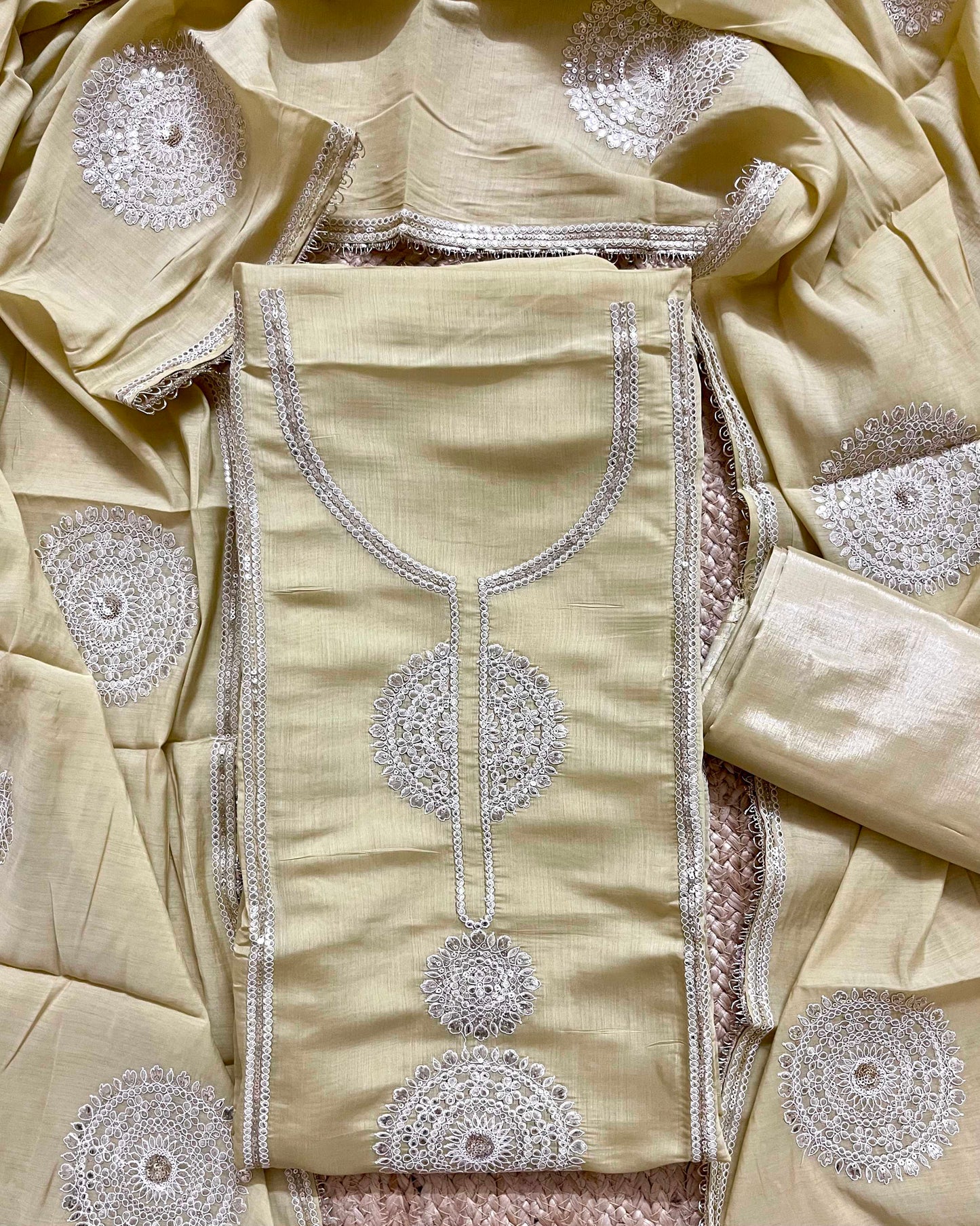Designer Mal Chanderi Embroidered 3-Piece Suit Set (Mehndi Green)