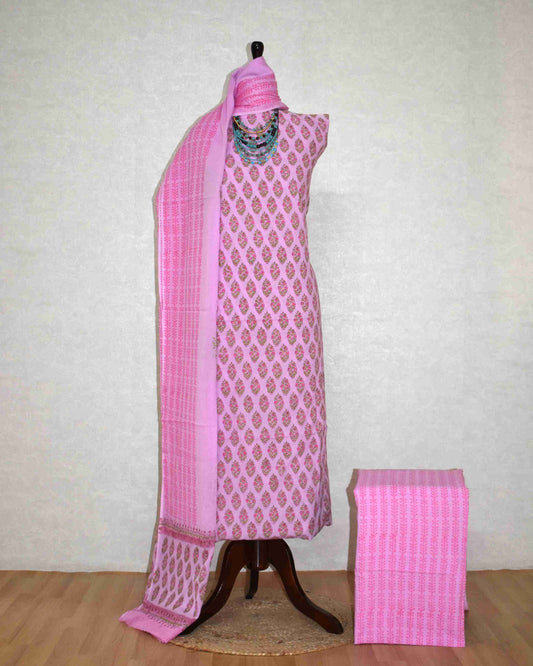 Sanganeri Hand Block Printed Unstitched Cotton Suit Set with malmal dupatta