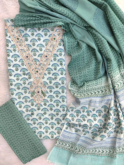 Hand Block Printed Cotton Suit with Gota Patti Hand Embroidery and Soft Malmal Dupatta