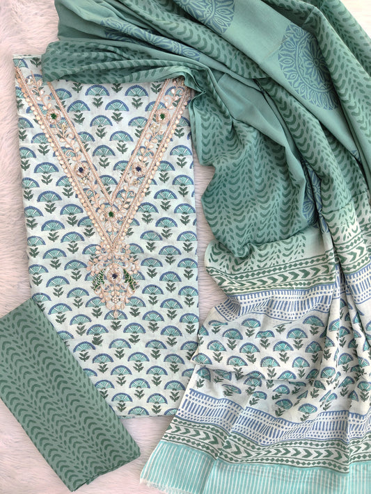 Hand Block Printed Cotton Suit with Gota Patti Hand Embroidery and Soft Malmal Dupatta