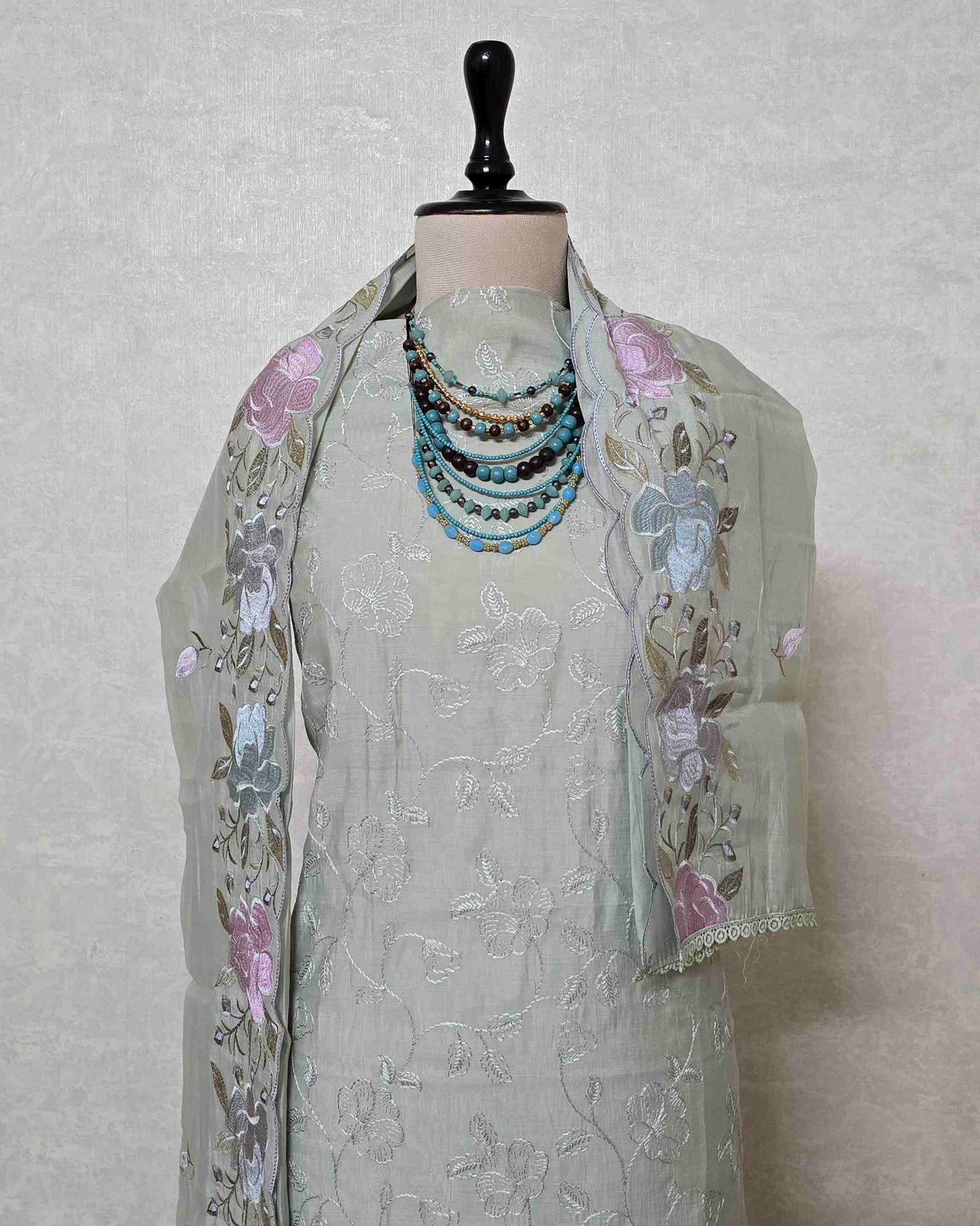 Sage Green Bloom Embroidered Mal Chanderi Suit Set with Scalloped Dupatta