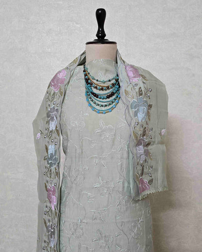 Sage Green Bloom Embroidered Mal Chanderi Suit Set with Scalloped Dupatta