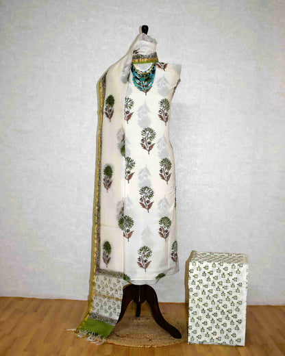 Hand Embroidered and Hand Block Printed Premium Cotton Suit with Chanderi Silk Dupatta - Designer Edit