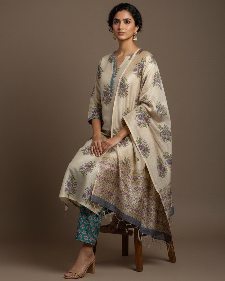 Ivory Floral Buta Printed Chanderi Silk Suit