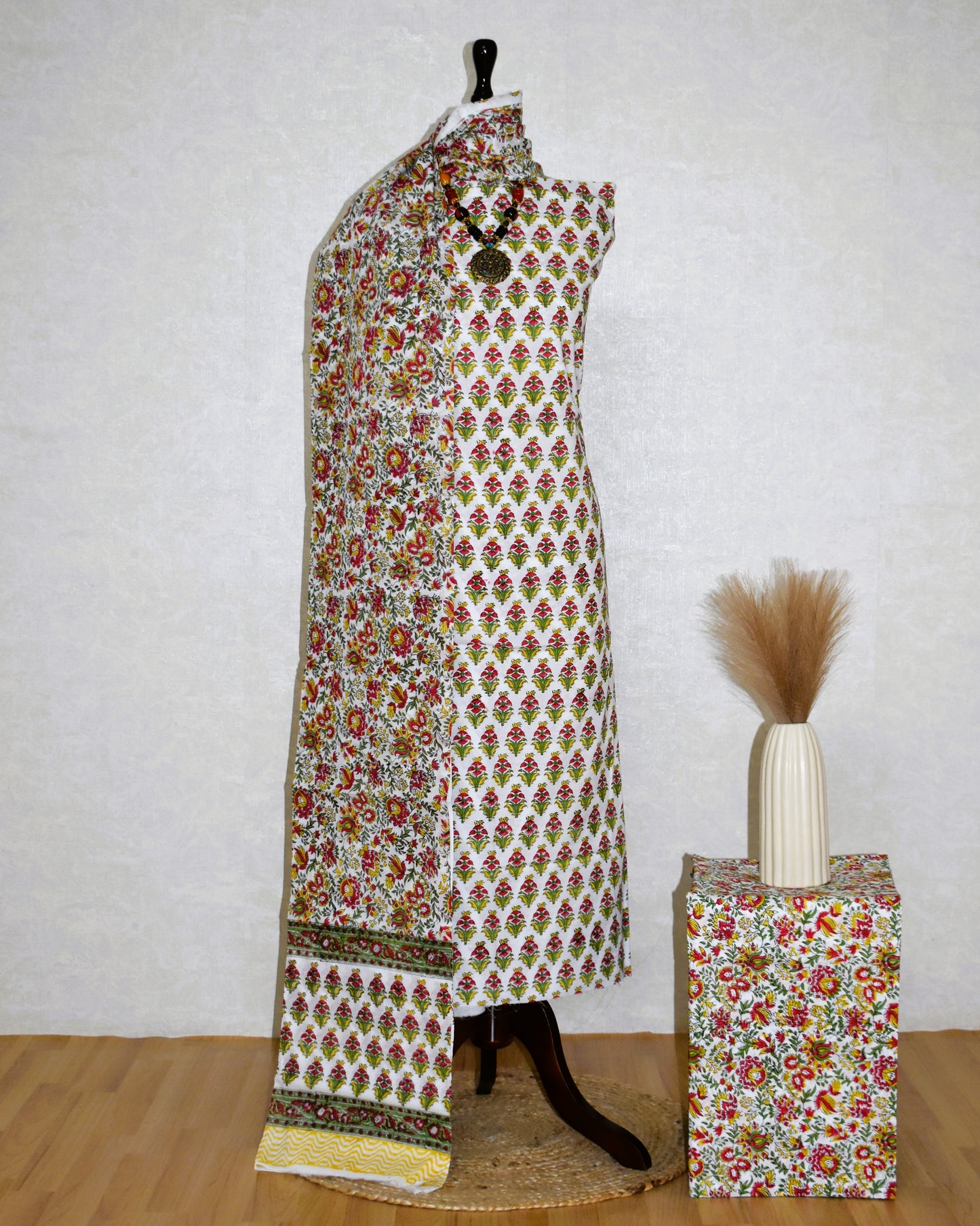 All-over Red Floral Smal Buti Printed Hand Block Printed Cotton Suit with Malmal Dupatta
