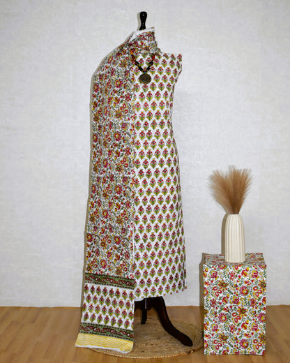 All-over Red Floral Smal Buti Printed Hand Block Printed Cotton Suit with Malmal Dupatta