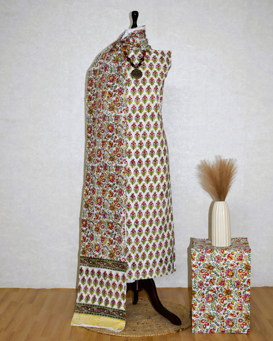 All-over Red Floral Smal Buti Printed Hand Block Printed Cotton Suit with Malmal Dupatta