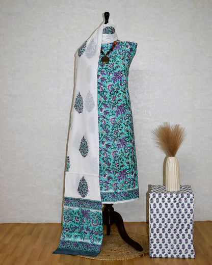 All-over Botanical Jaal in Mint Green with Lilac Flowers Hand Block Printed Cotton Suit with Malmal Dupatta
