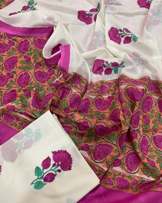 Hand Block Printed Premium Cotton Unstitched Suit with Magenta Floral veils & Chanderi Silk Dupatta - Curated Edit