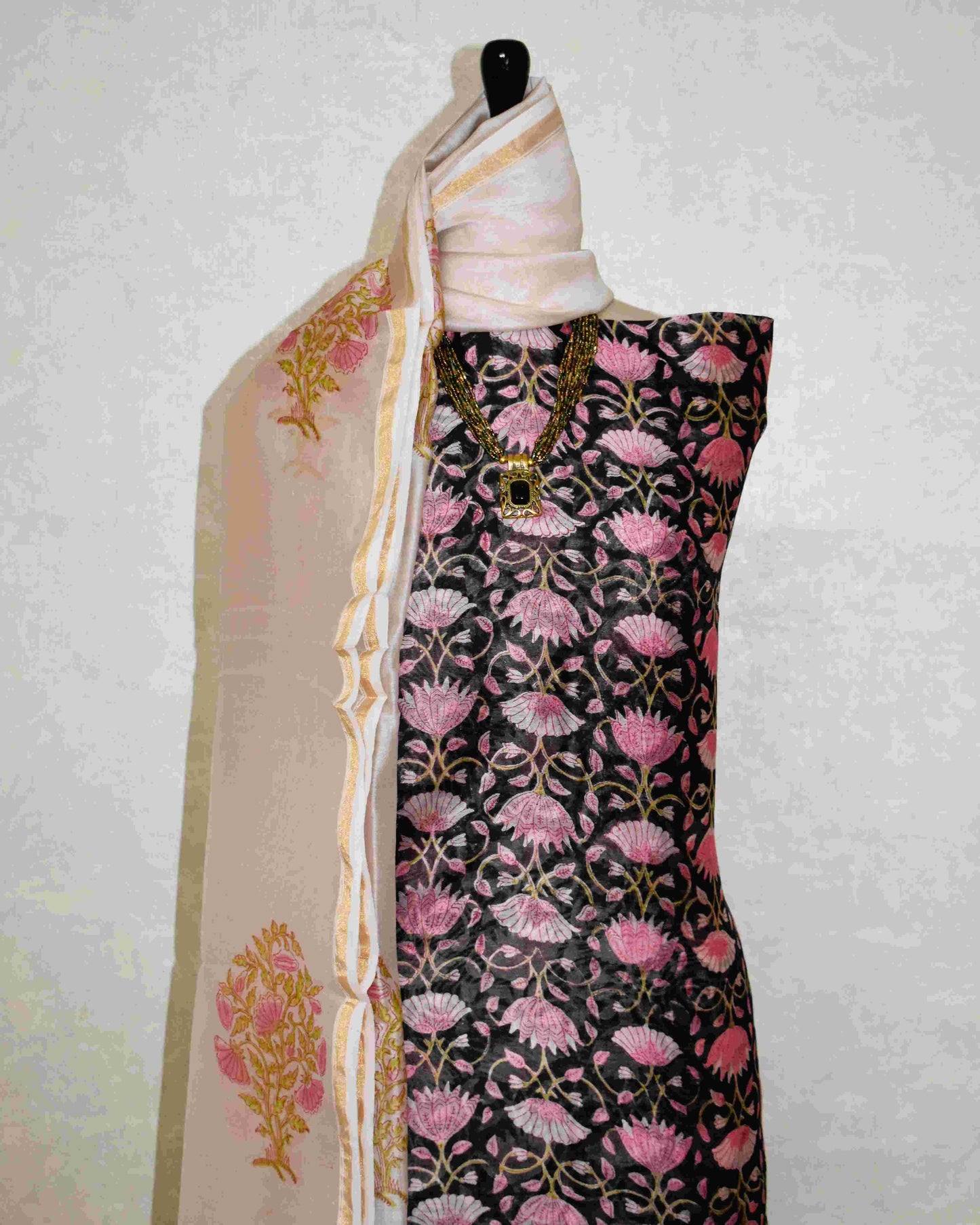 Black Chanderi Silk Suit with Sanganeri Floral Jaal Print