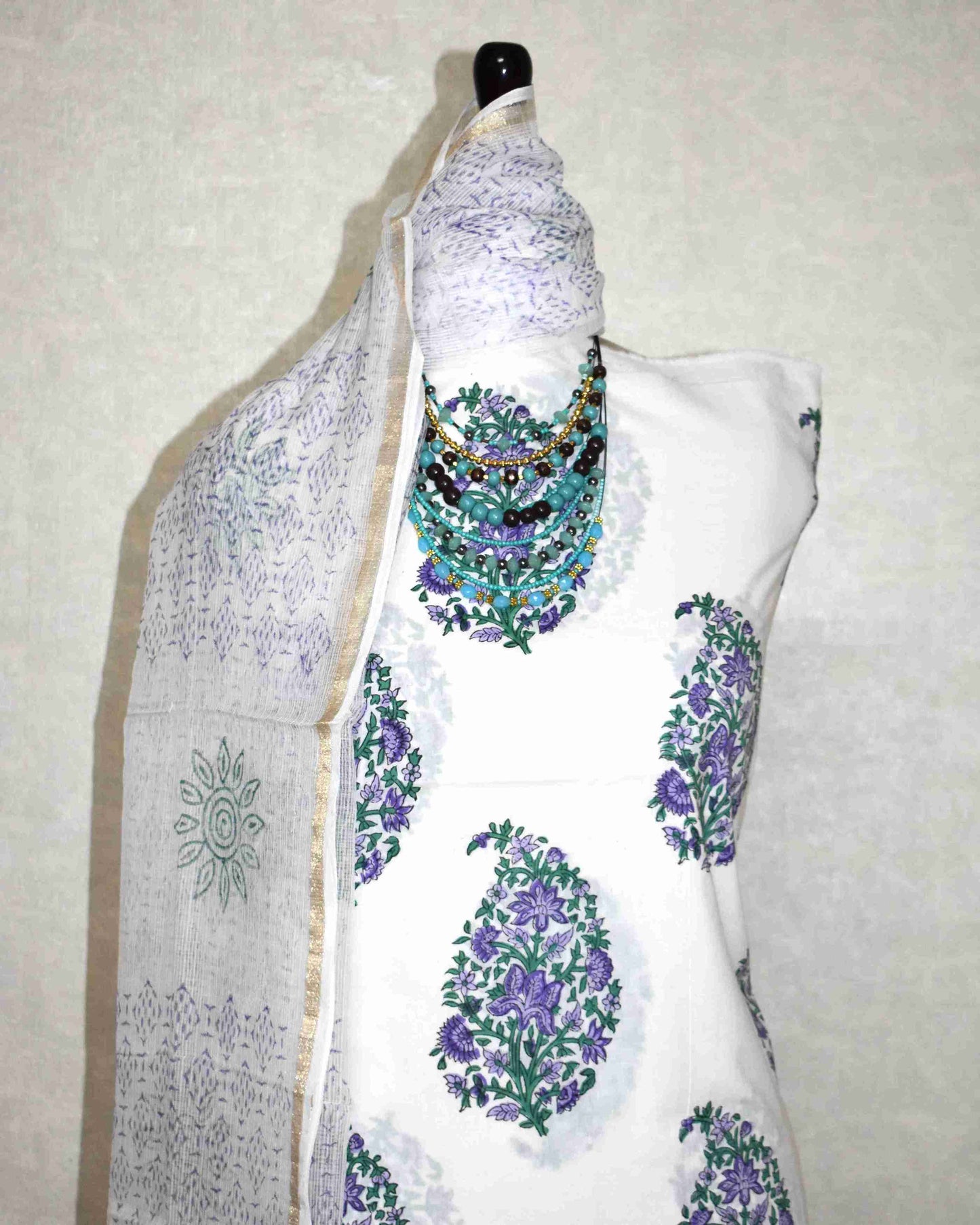 Floral Mughal Buta Hand Block Printed Cotton Suit With Kota Doria Dupatta