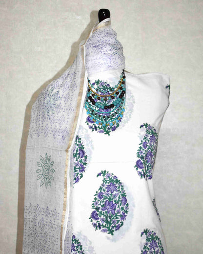 Floral Mughal Buta Hand Block Printed Cotton Suit With Kota Doria Dupatta