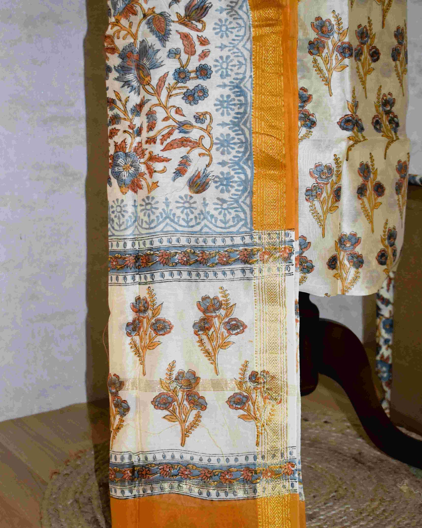 Golden Yellow Floral Buti Printed Maheshwari Silk Suit Set