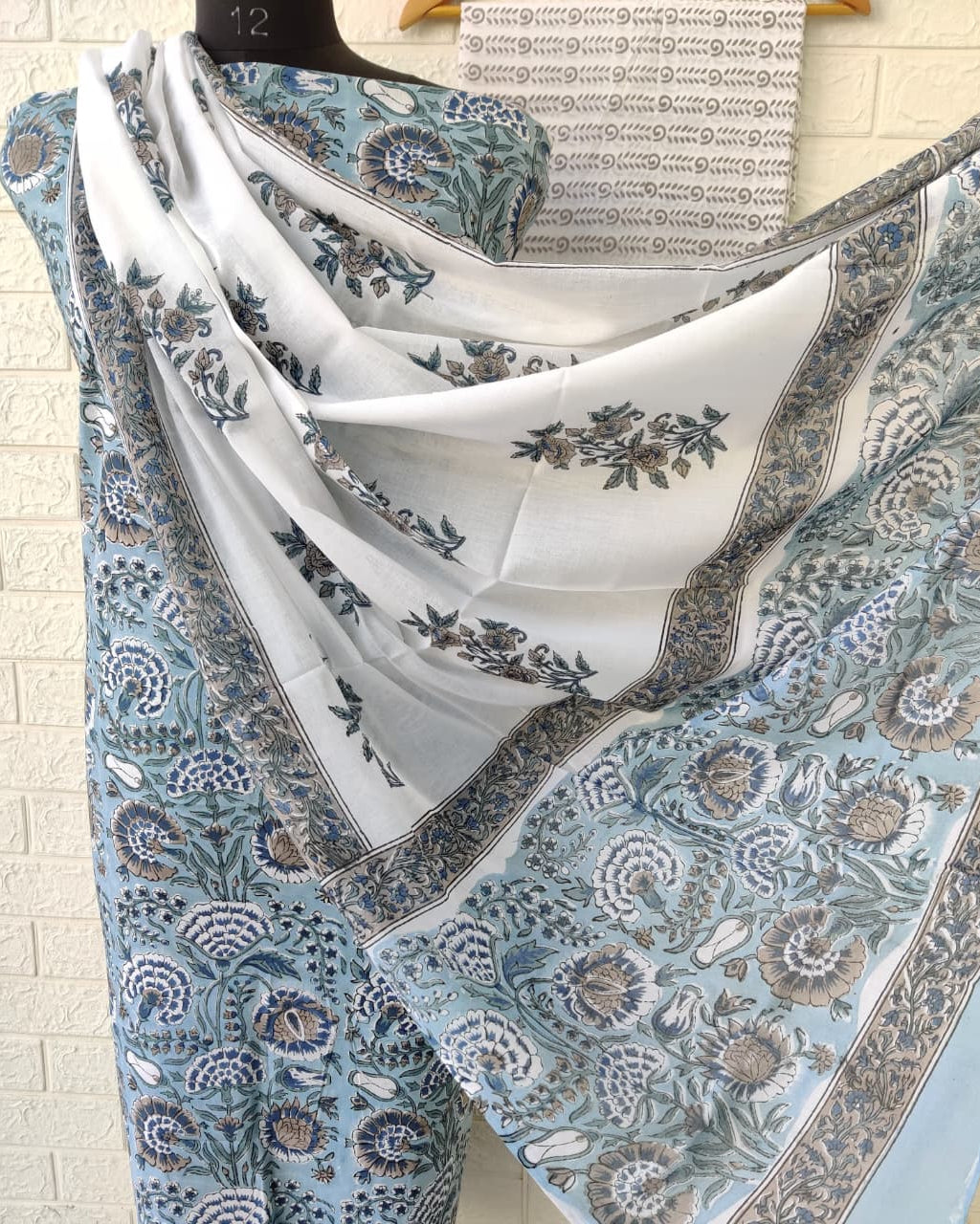 All-over Botanical in Blue Grey Hand Block Printed Cotton Suit with Malmal Dupatta