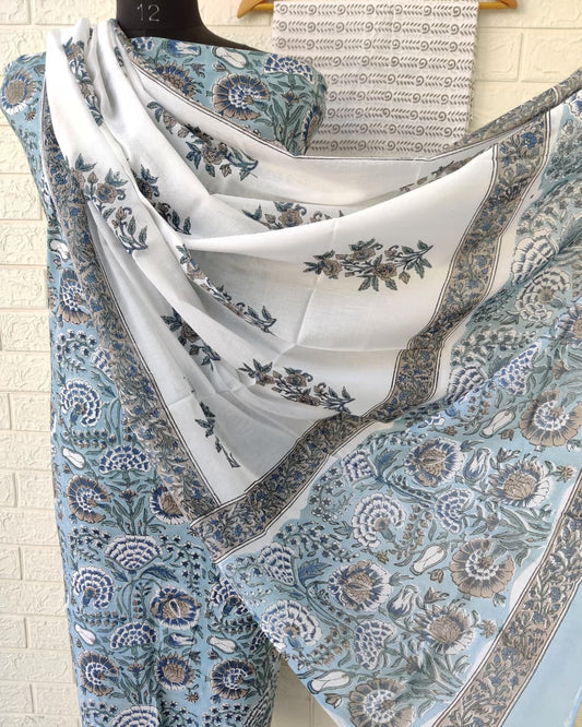 All-over Botanical in Blue Grey Hand Block Printed Cotton Suit with Malmal Dupatta