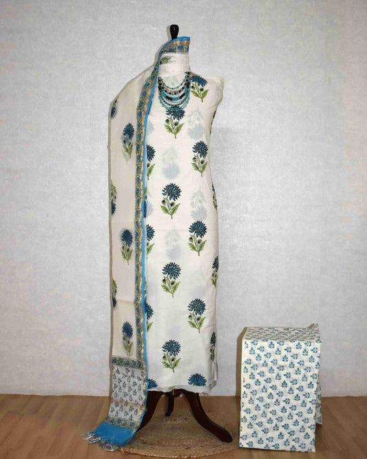 Hand Embroidered and Hand Block Printed Premium Cotton Unstitched Suit with Chanderi Silk Dupatta - Designer Edit