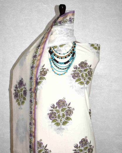 Hand Embroidered and Hand Block Printed Premium Cotton Unstitched Suit with Chanderi Silk Dupatta - Designer Edit