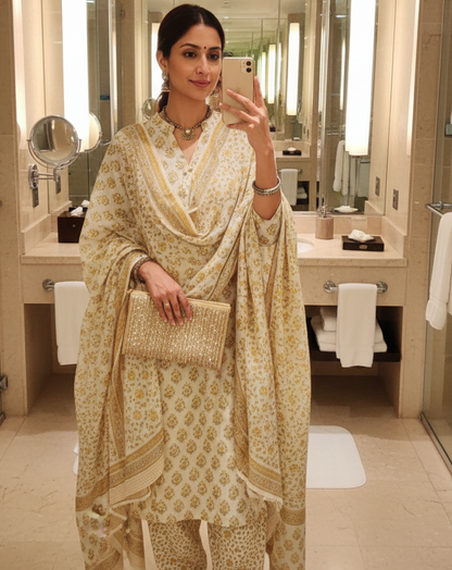 Ivory Floral Buti Printed Chanderi Silk Suit