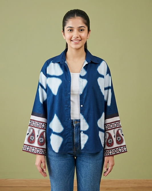 Boho Indigo Casual Shirt With Bell Sleeves
