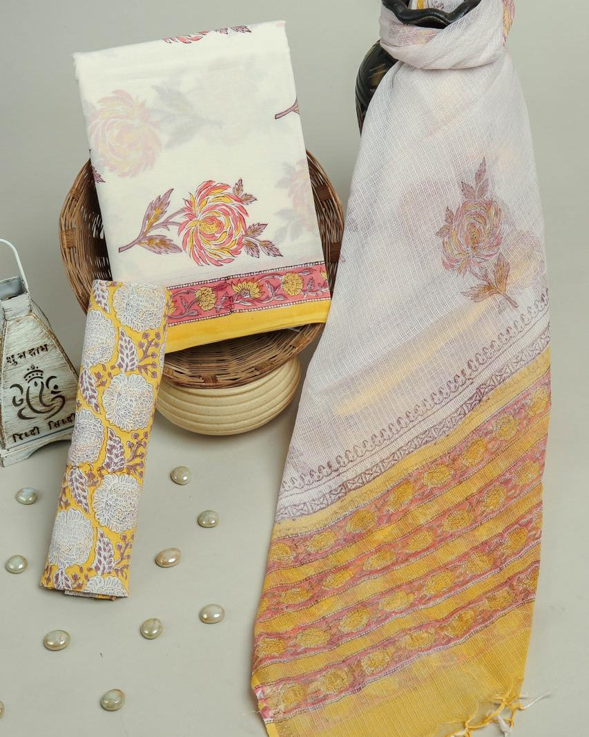 Floral Mughal Buta Hand Block Printed Cotton Suit With Kota Doria Dupatta